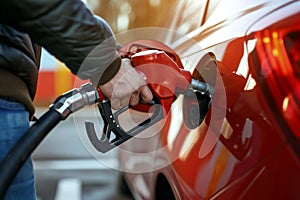 Man refueling red car.