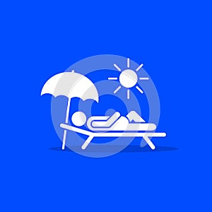 Man relax on beach under an umbrella on chaise-longue, white icon on blue background. Vector sea rest vacation symbol