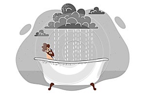 Man relaxes in hot bathtub, relieving stress after work, located under cloud with rain