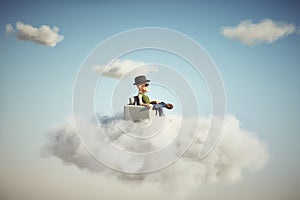 Man relaxing on a cloud. Contemplation and aspirations concept