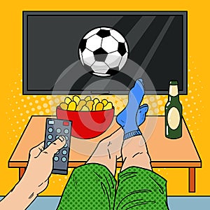 Man with Remote Control Watching Football on TV in Living Room. Pop Art illustration