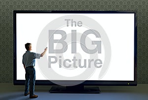 Man with remote and giant television saying The BIG Picture