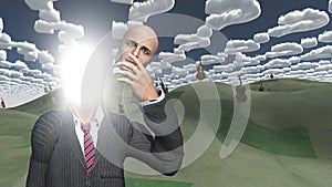 Man removes face showing lightn in landscape with question shaped clouds