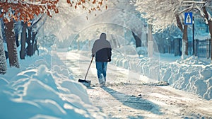 a man removes snow on the street with a shovel. Selective focus.