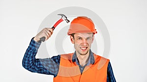 Man repair master knoking own head claw hammer, blockhead concept