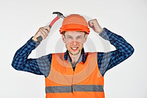 Man repair master knoking own head claw hammer, neglect safety concept