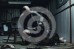 Man repairing his motorcycle engine in the garage.