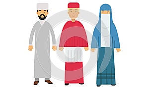 Man Representatives of Different Religion Like Islamism and Catholicism Vector Illustration Set