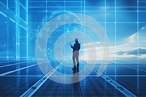 Man representing global connection and technology with holographic interface with data. Advanced Artificial Intelligence