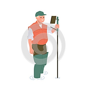 Man researcher cartoon character engaged geodetic measurements using tacheometer special equipment