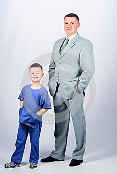 Man respectable businessman and little kid doctor uniform. Family business. Doctor respectable career. Dad boss. Father