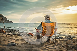 A man is resting in a camping chair on the seashore - generative ai