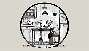 Man resting head on table in a stylized kitchen