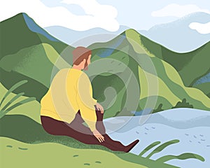 Man resting in nature alone. Thoughtful person sitting on river bank, looking at water and thinking about life in