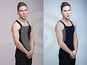 Man before and after retouch