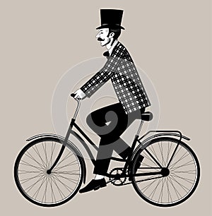 Man in retro suit and top hat riding a bicycle