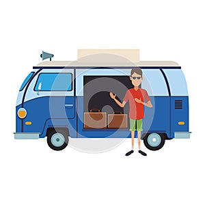 Man with retro van and luggage inside