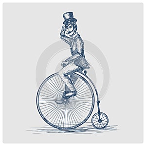 Man retro vintage old bicycle blue sketch vector