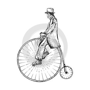 Man on retro vintage old bicycle engraving vector