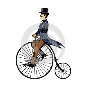 Man on retro vintage old bicycle engraving vector