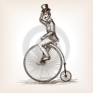 Man on retro vintage old bicycle sketch vector