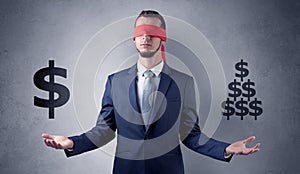 Man with ribbon on his eye holding dollar signs