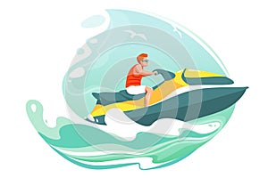 Man ride jetski in sea vector poster. Aquabike on ocean waves illustration. Summer cartoon landscape with character in