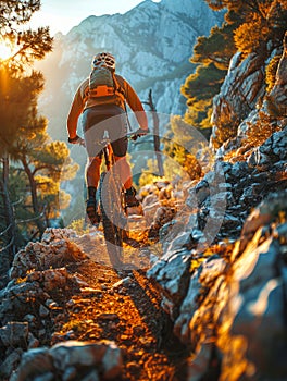 Man ride mountain bike on the forest trail