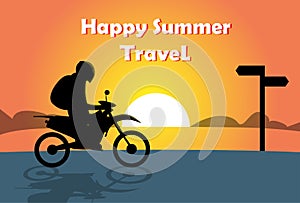 Man Ride Off Road Motor Bike Over Sunset Ocean Beach Happy Summer Travel Banner