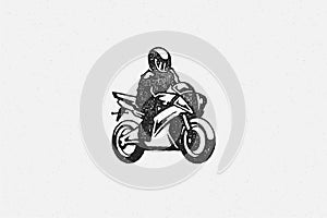 Man rider on superbike motorcycle silhouette hand drawn ink stamp vector illustration.