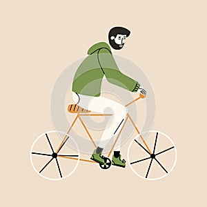 The man rides a bicycle. Eco-friendly mode of transport. Vector illustration in hand drawn style