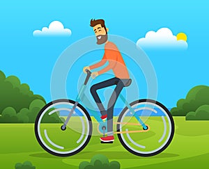 Man rides bicycle on forest road. Male character doing sports in spring city park sunny day