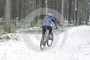 A man rides a bicycle in the forest in winter.Snowfall in winter