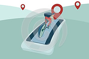 Man rides Bicycle with GPS tracking on Mobile Phone Smartphone Navigation vector illustration