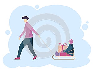 Man Rides a Child on a Sled with Gifts