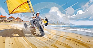A man rides a land yacht on a sandy beach, houses and cityscape in the background under a blue sky