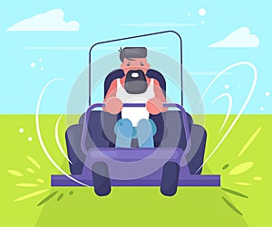 Man rides a lawn mower Vector. Cartoon. Isolated