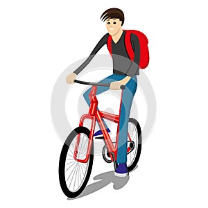 Man rides on a red bicycle.