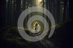 Man riding ahead on mountain bike in the forest at rain.