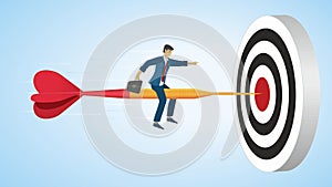 Man riding on arrow for success to goal, dartboard. Vector illustration.