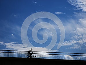 Man riding bicycle along downward path