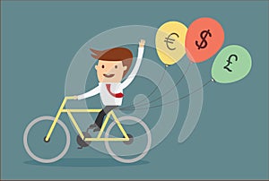 Man riding bicycle with balloon money sign concept of financial