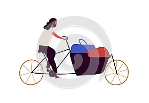 Man riding bicycle with basket and shopping bags flat vector illustration. Middle aged guy at urban vehicle. Male