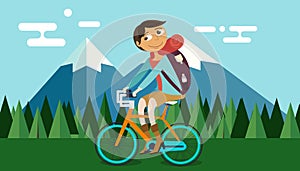 Man riding bicycle bike in nature mountain forest background vector illustration