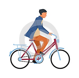 Man riding on bicycle. Cyclist guy in casual clothes rides on bike. Simple character healthy leisure lifestyle, teenager