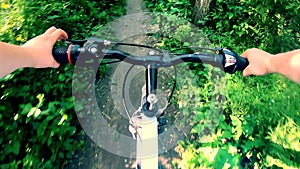 Man riding bicycle on dirt path in forest on sunny summer day. Person cycling