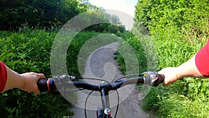 Man riding bicycle on dirt path in forest on sunny summer day. Person cycling