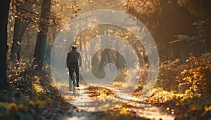 A man is riding a bicycle down a path in the woods