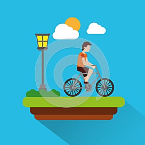 Man riding bicycle with meadow lapm light cloud and sun scene shadow