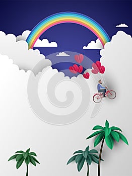 A man riding bicycle to the sky and holding red heart balloons.